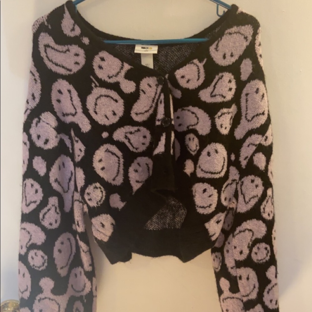 H&M X Smiley purple and black fuzzy cardigan